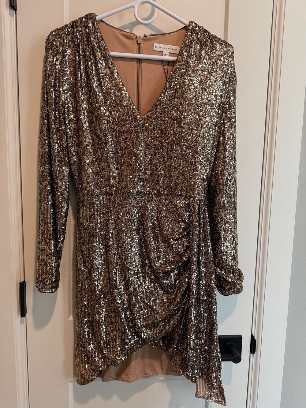 Dress the Population Gold Sequin V-Neck Long Sleeve Dress